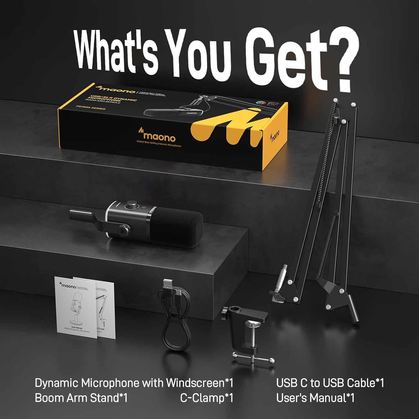MAONO USB XLR DYNAMIC MIC PD100X BOOM ARM BUNDLE